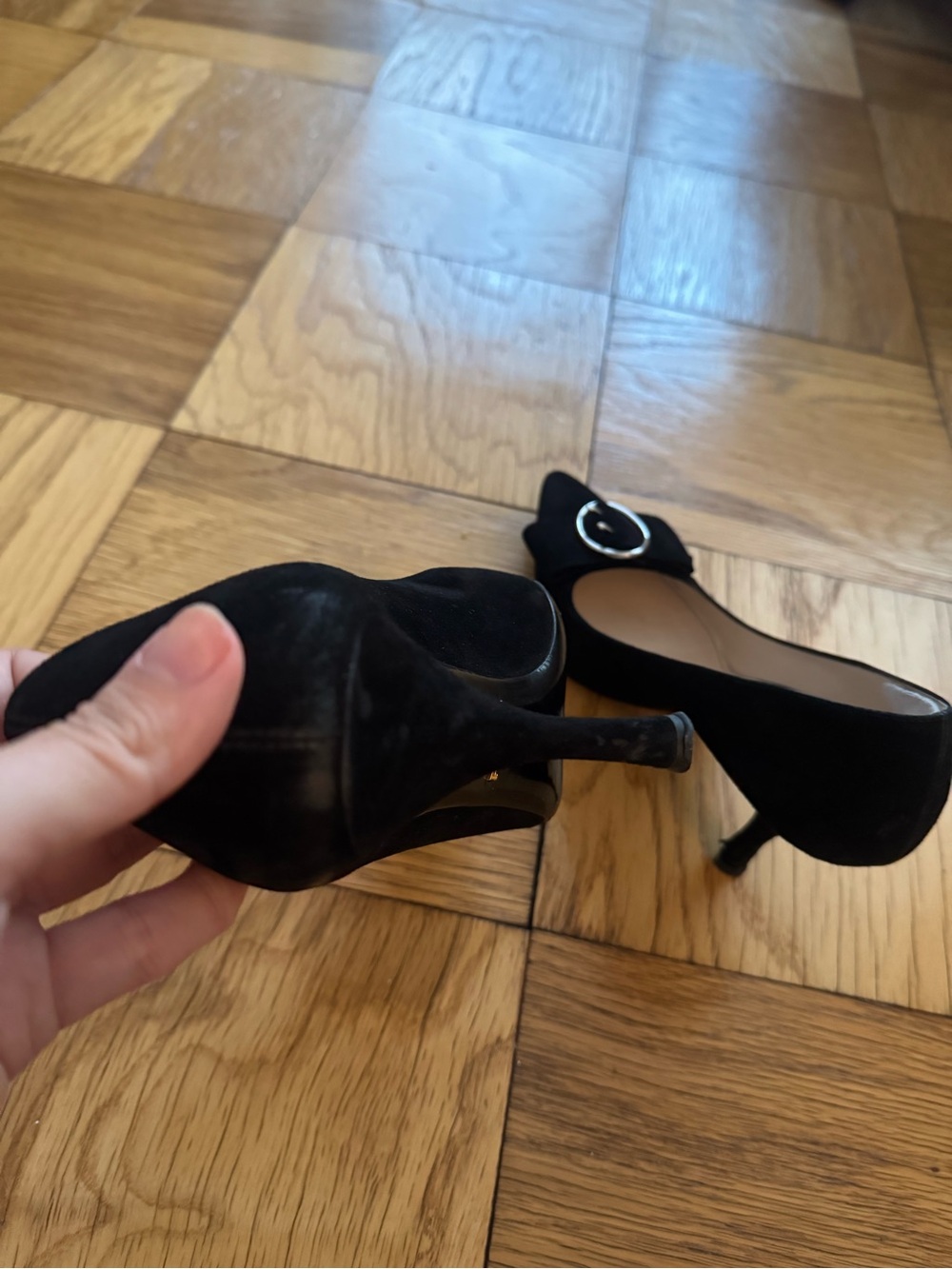 Prada Black Suede Pointed Toe Pumps with Silver Round Buckle - Picture 3 of 4